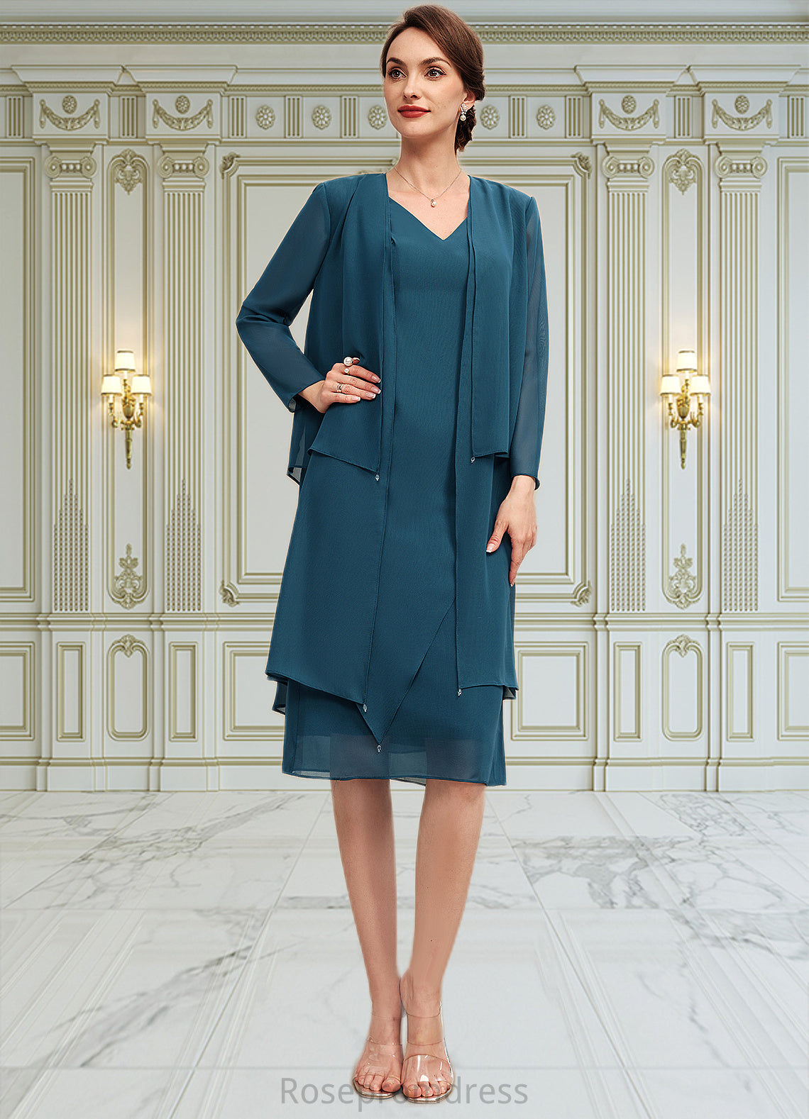 Beatrice Sheath/Column V-Neck Knee-Length Chiffon Mother of the Bride Dress SRS126P0014635
