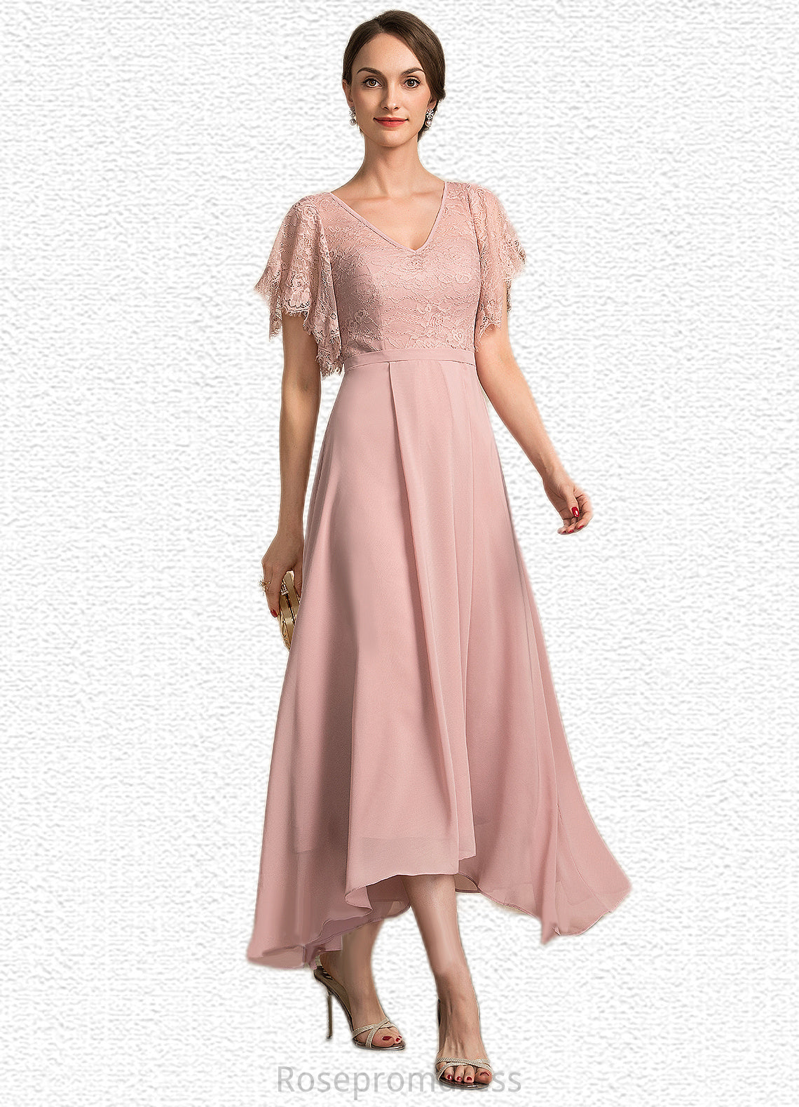 Jazlynn A-line V-Neck Ankle-Length Chiffon Lace Mother of the Bride Dress SRS126P0014636