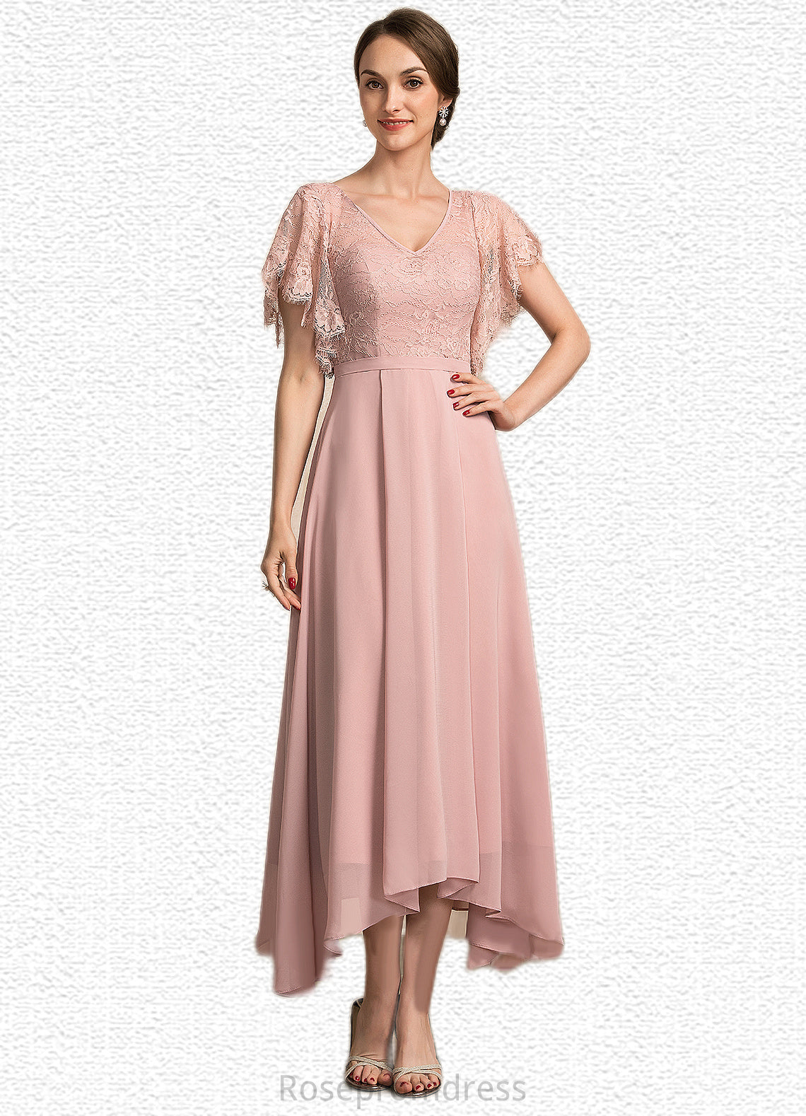 Jazlynn A-line V-Neck Ankle-Length Chiffon Lace Mother of the Bride Dress SRS126P0014636