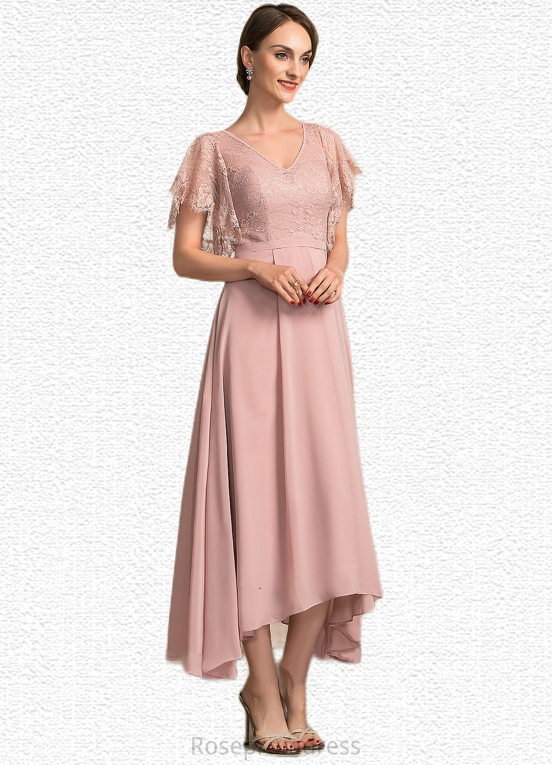 Jazlynn A-line V-Neck Ankle-Length Chiffon Lace Mother of the Bride Dress SRS126P0014636