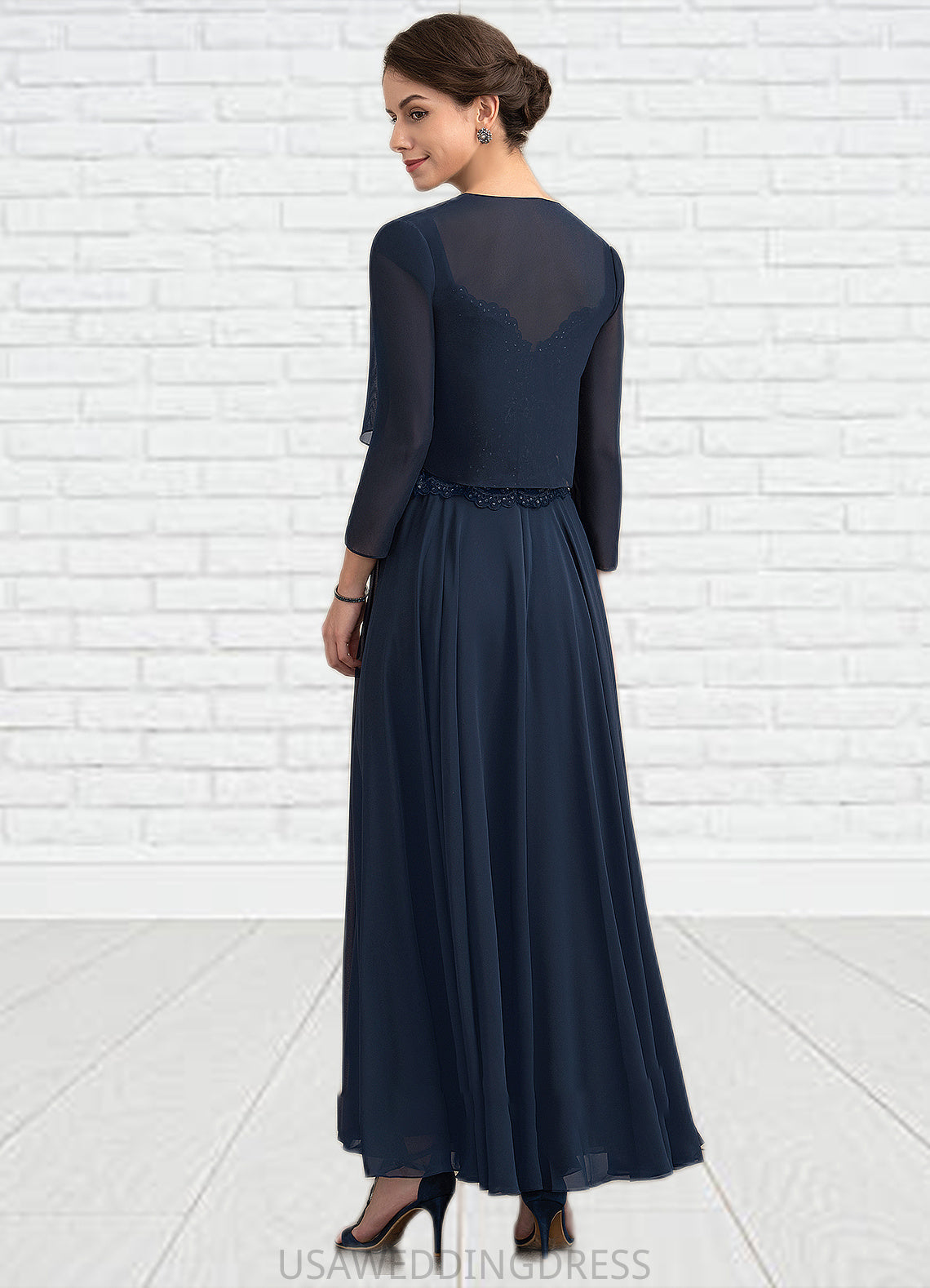 Lily A-line V-Neck Ankle-Length Chiffon Lace Mother of the Bride Dress With Sequins DS126P0014637