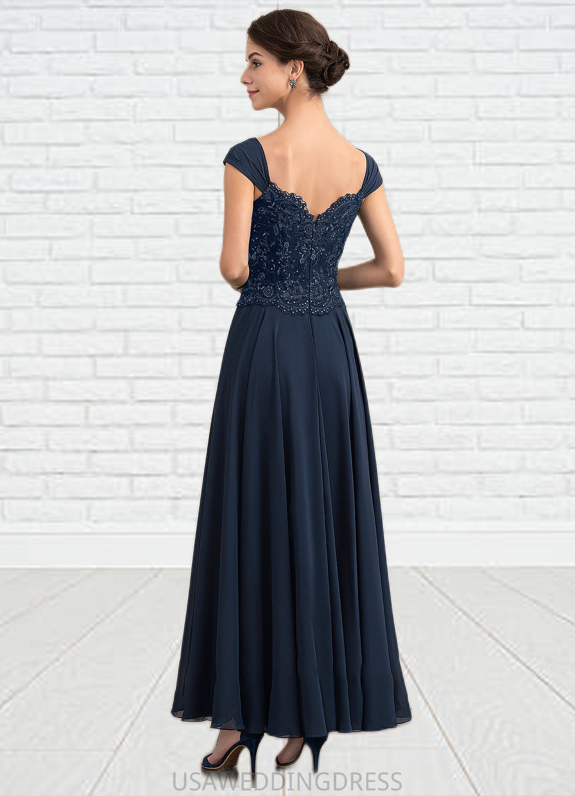 Lily A-line V-Neck Ankle-Length Chiffon Lace Mother of the Bride Dress With Sequins DS126P0014637