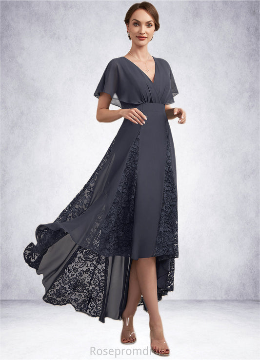 Abbie A-Line V-neck Asymmetrical Chiffon Lace Mother of the Bride Dress With Ruffle SRS126P0014638