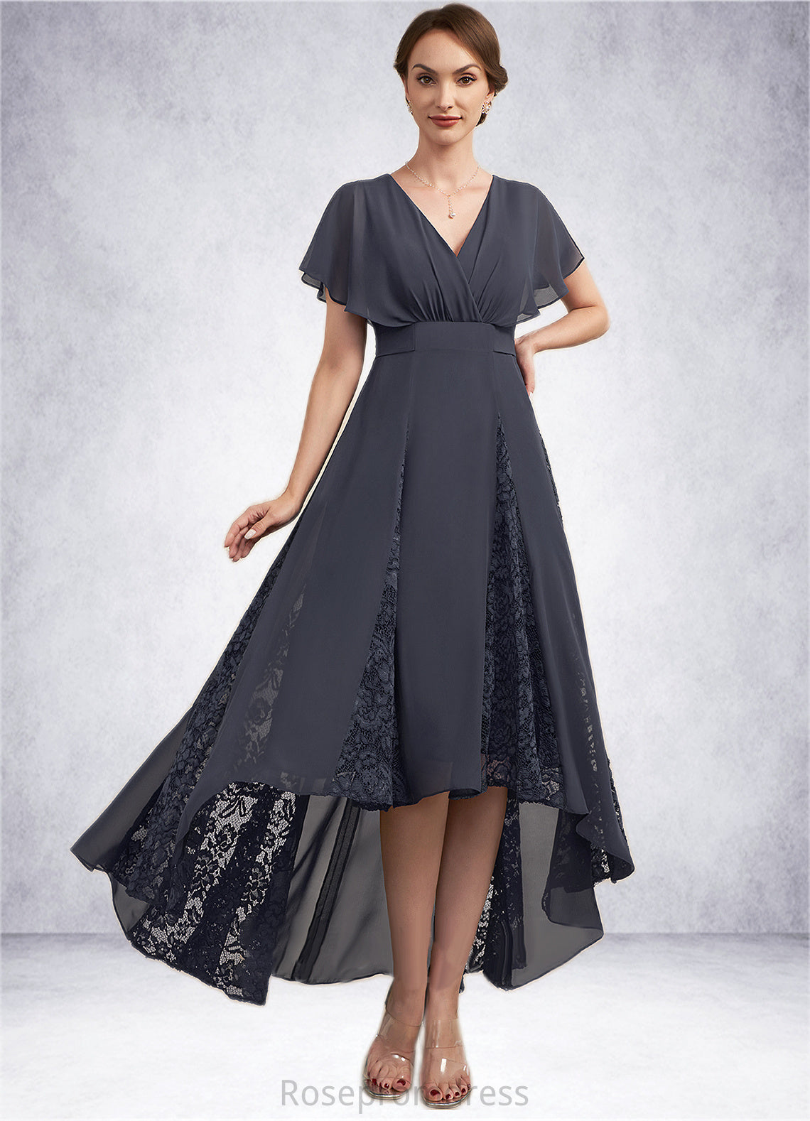 Abbie A-Line V-neck Asymmetrical Chiffon Lace Mother of the Bride Dress With Ruffle SRS126P0014638