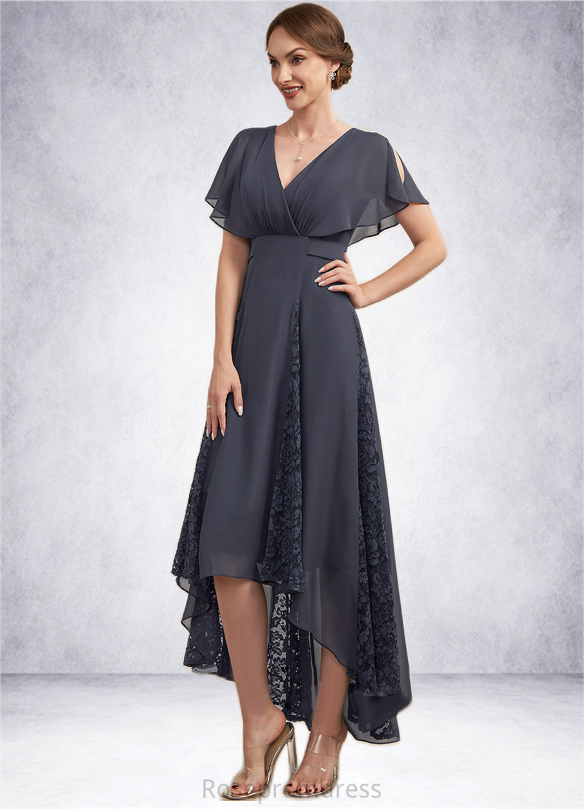 Abbie A-Line V-neck Asymmetrical Chiffon Lace Mother of the Bride Dress With Ruffle SRS126P0014638