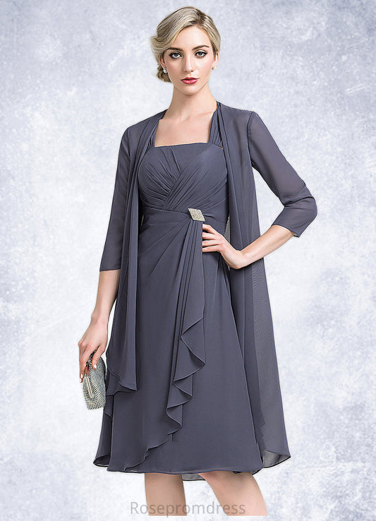 Izabella A-Line Square Neckline Knee-Length Chiffon Mother of the Bride Dress With Crystal Brooch Cascading Ruffles SRS126P0014639