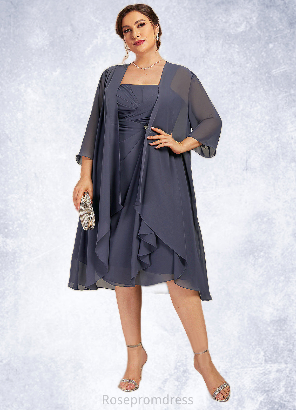 Izabella A-Line Square Neckline Knee-Length Chiffon Mother of the Bride Dress With Crystal Brooch Cascading Ruffles SRS126P0014639