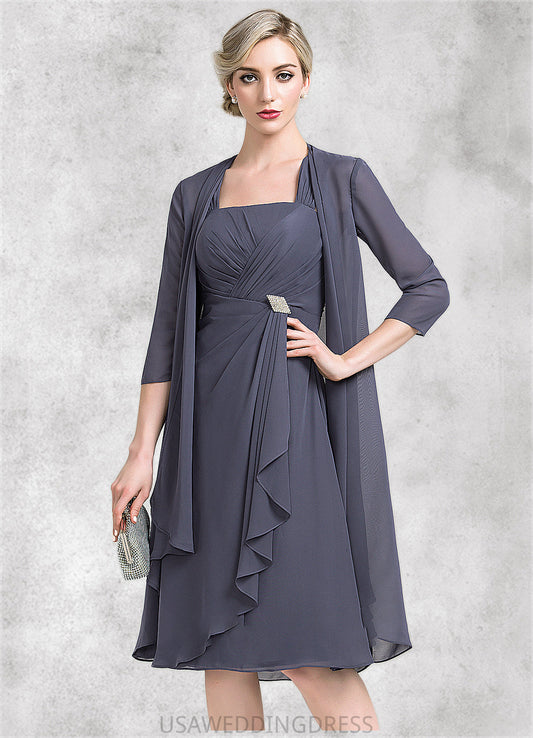 Cristal A-Line Square Neckline Knee-Length Chiffon Mother of the Bride Dress With Crystal Brooch Cascading Ruffles DS126P0014639