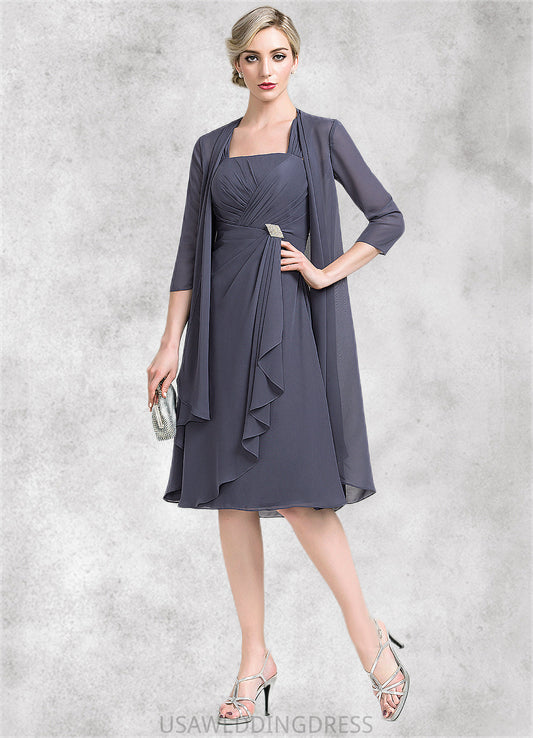Cristal A-Line Square Neckline Knee-Length Chiffon Mother of the Bride Dress With Crystal Brooch Cascading Ruffles DS126P0014639