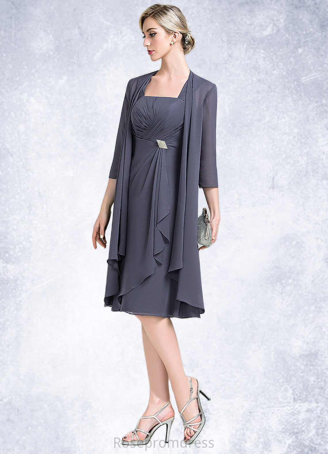Izabella A-Line Square Neckline Knee-Length Chiffon Mother of the Bride Dress With Crystal Brooch Cascading Ruffles SRS126P0014639