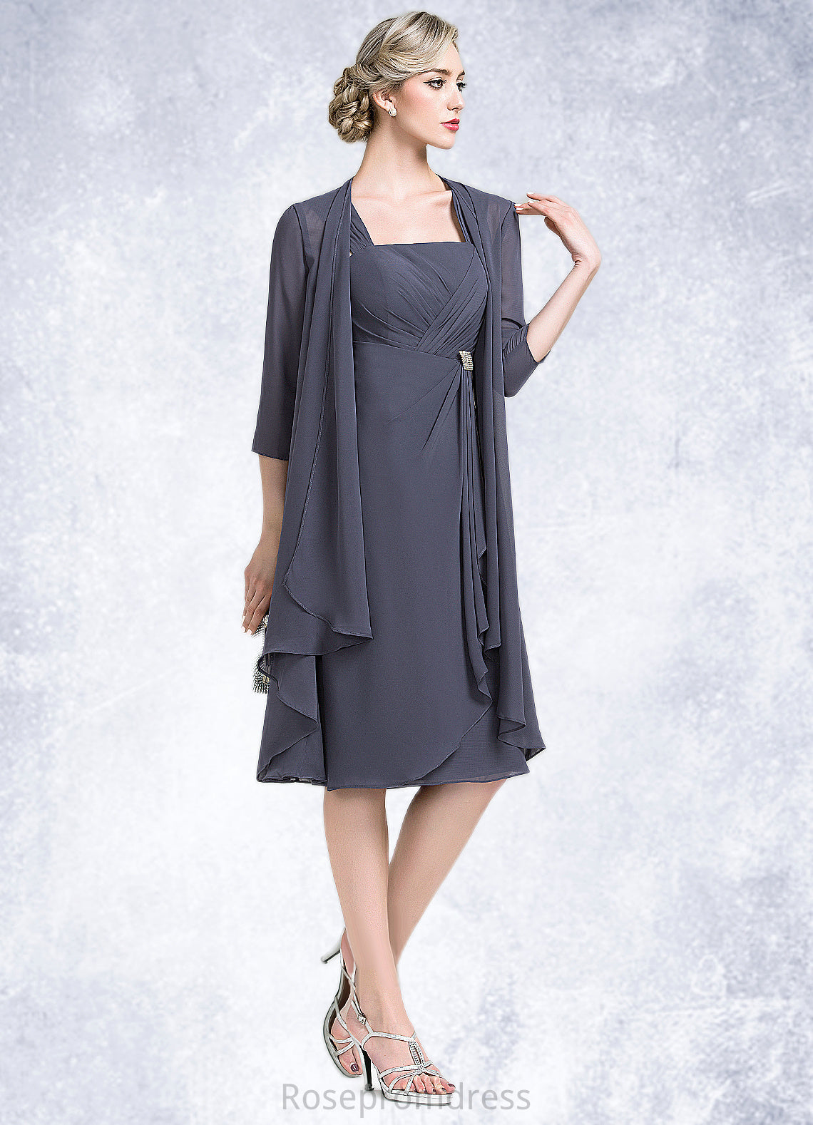 Izabella A-Line Square Neckline Knee-Length Chiffon Mother of the Bride Dress With Crystal Brooch Cascading Ruffles SRS126P0014639