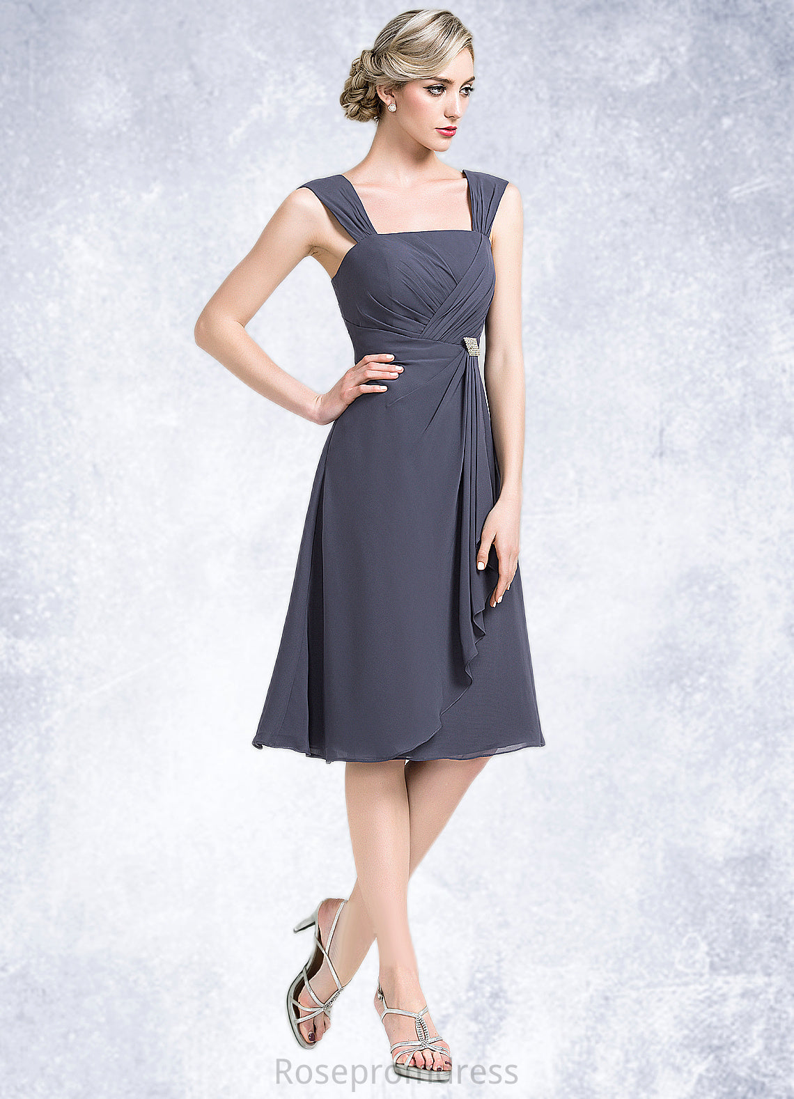 Izabella A-Line Square Neckline Knee-Length Chiffon Mother of the Bride Dress With Crystal Brooch Cascading Ruffles SRS126P0014639