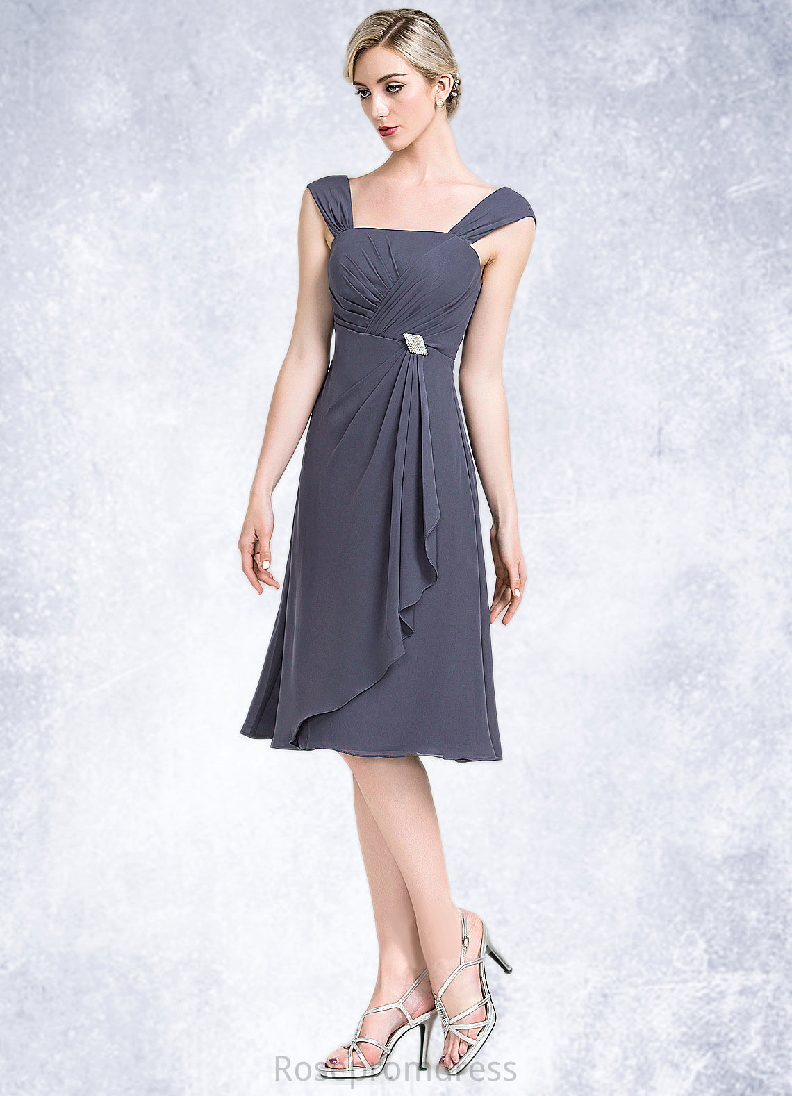 Izabella A-Line Square Neckline Knee-Length Chiffon Mother of the Bride Dress With Crystal Brooch Cascading Ruffles SRS126P0014639