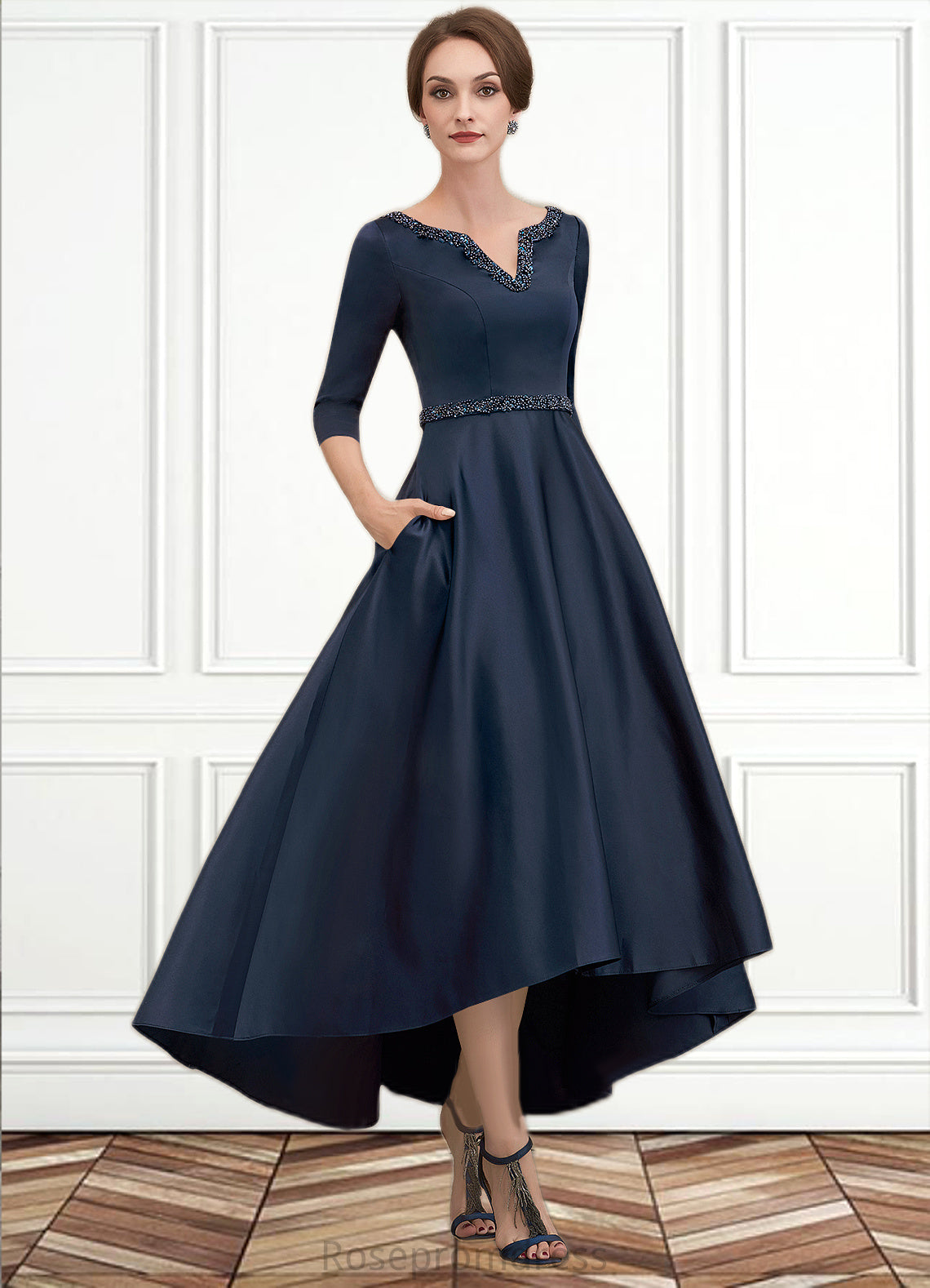 Delilah A-Line V-neck Asymmetrical Satin Mother of the Bride Dress With Beading Sequins Pockets SRS126P0014641