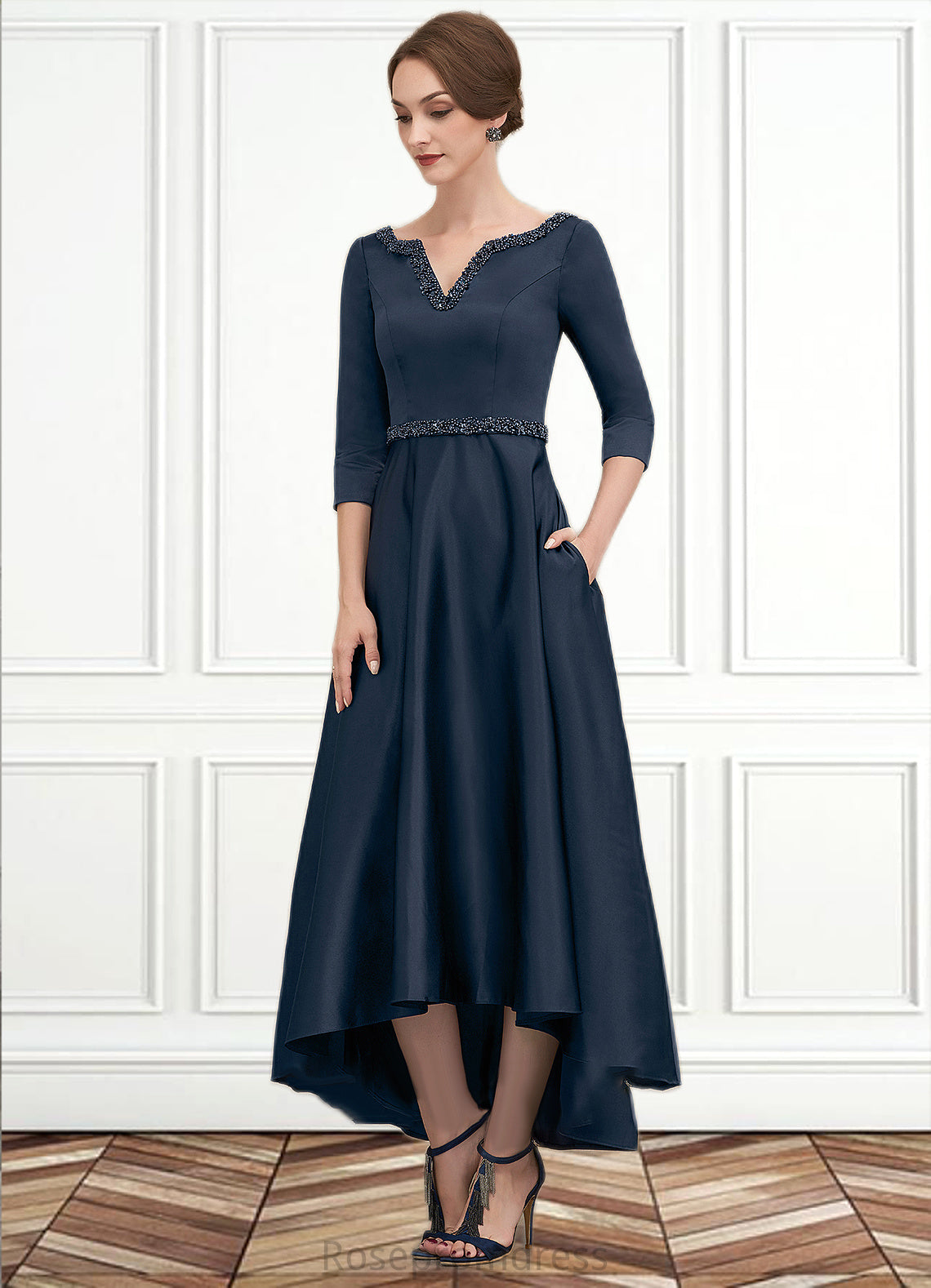 Delilah A-Line V-neck Asymmetrical Satin Mother of the Bride Dress With Beading Sequins Pockets SRS126P0014641