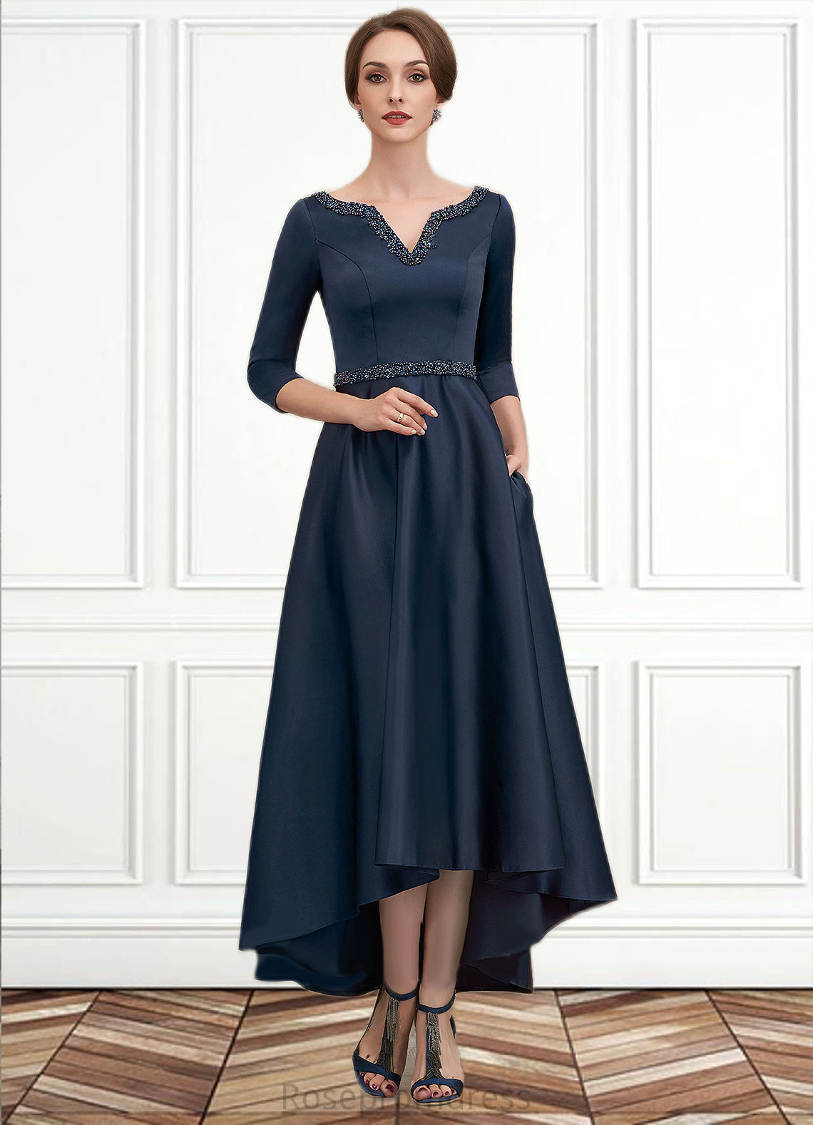 Delilah A-Line V-neck Asymmetrical Satin Mother of the Bride Dress With Beading Sequins Pockets SRS126P0014641
