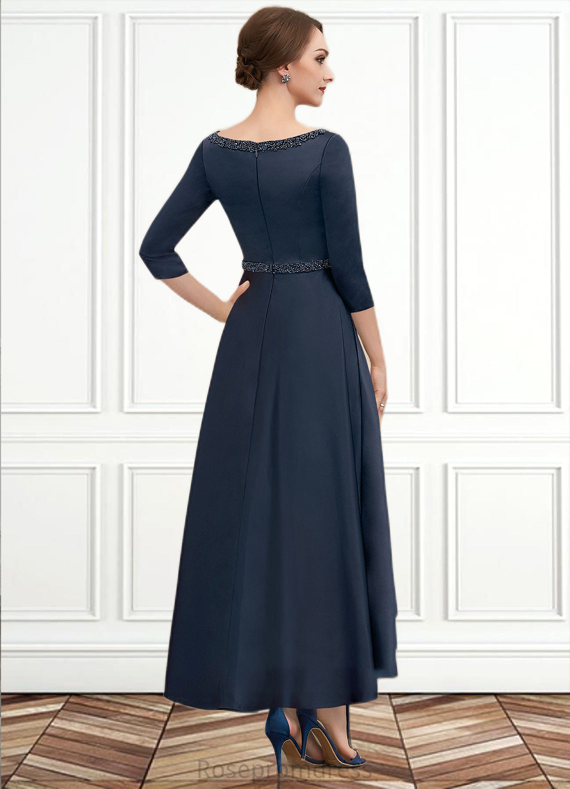 Delilah A-Line V-neck Asymmetrical Satin Mother of the Bride Dress With Beading Sequins Pockets SRS126P0014641