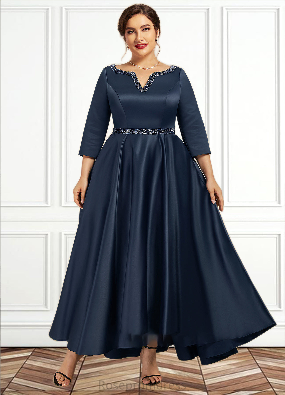 Delilah A-Line V-neck Asymmetrical Satin Mother of the Bride Dress With Beading Sequins Pockets SRS126P0014641