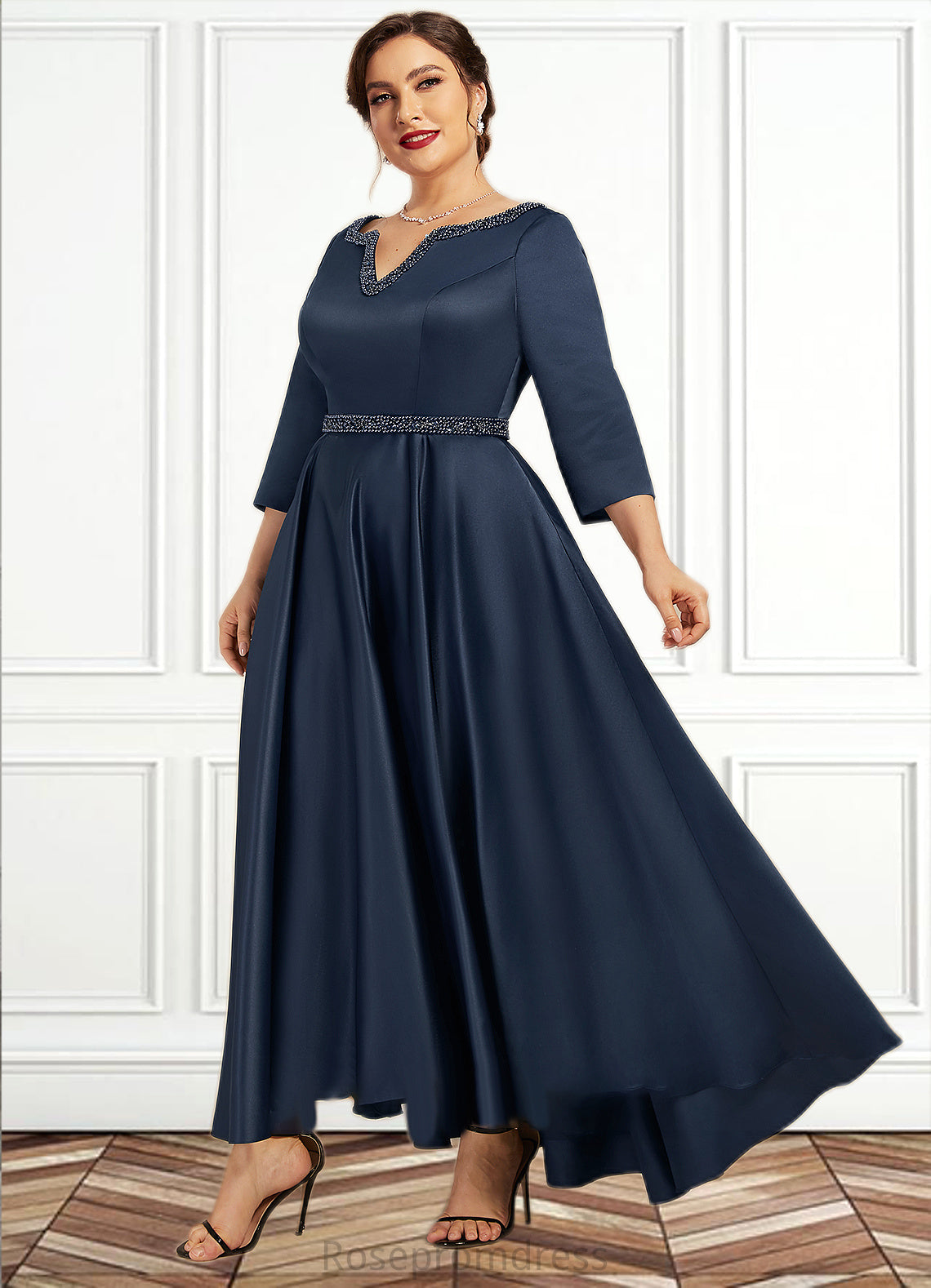 Delilah A-Line V-neck Asymmetrical Satin Mother of the Bride Dress With Beading Sequins Pockets SRS126P0014641