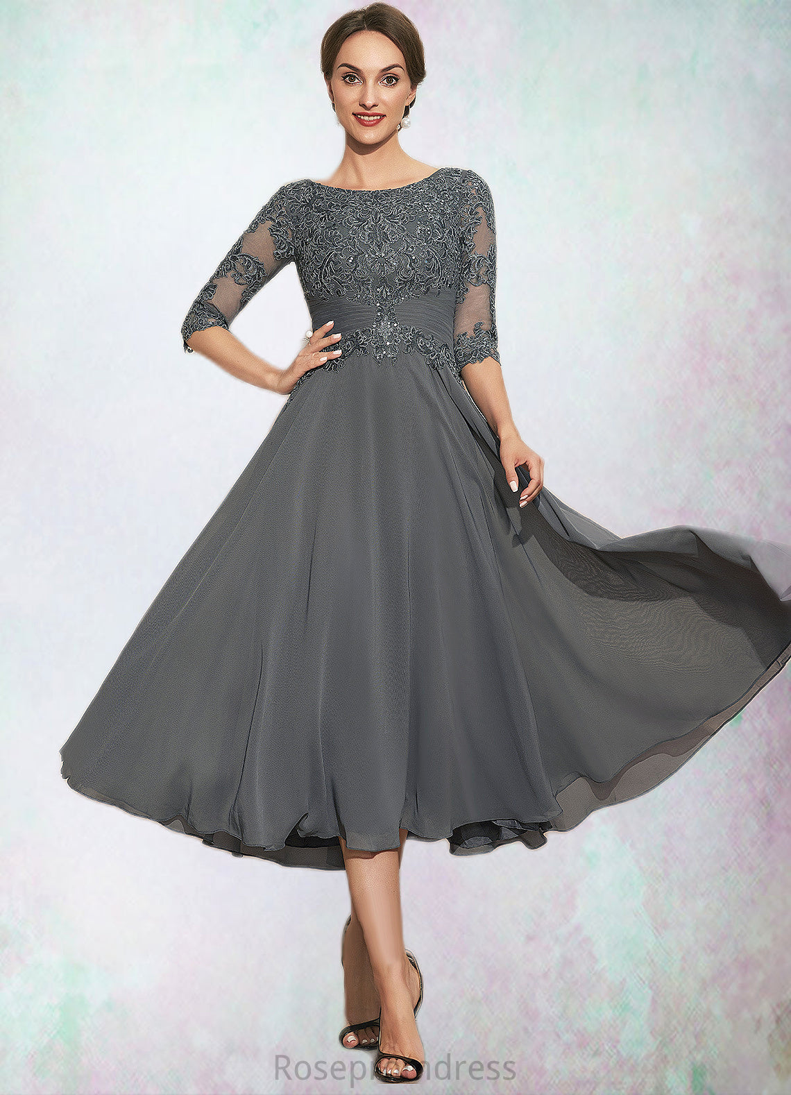 Viola A-Line Scoop Neck Tea-Length Chiffon Lace Mother of the Bride Dress With Sequins SRS126P0014642
