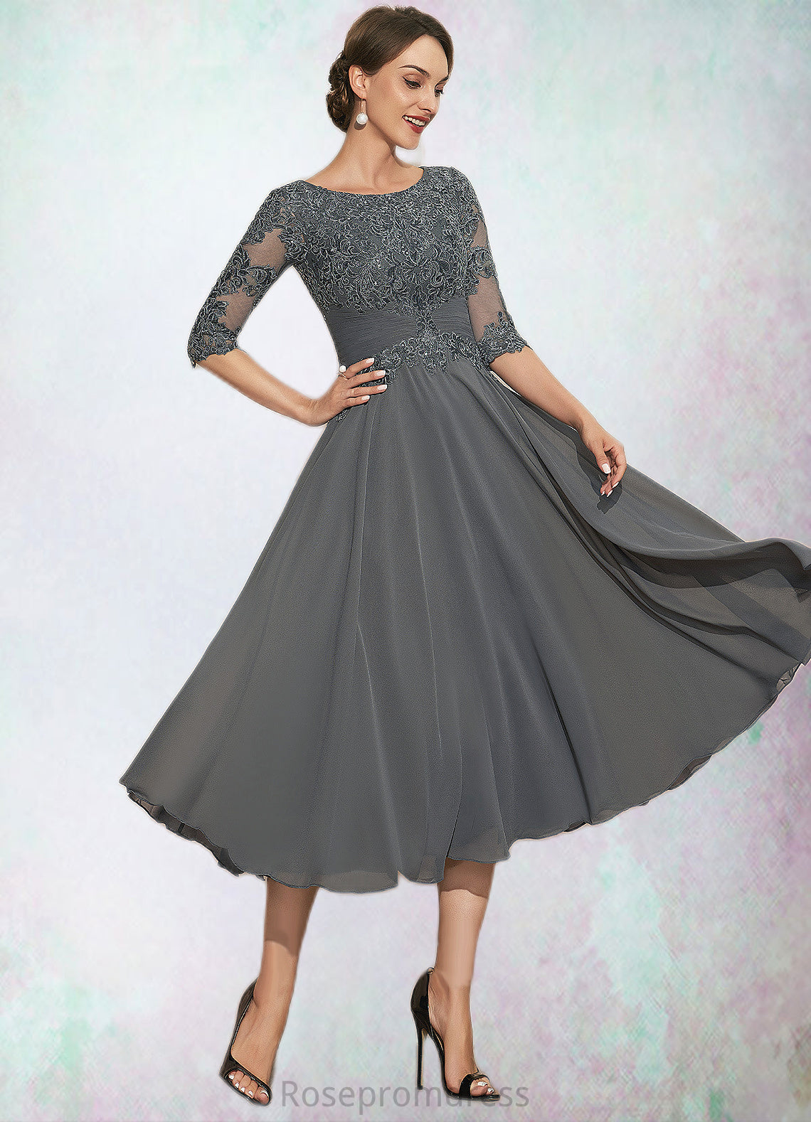Viola A-Line Scoop Neck Tea-Length Chiffon Lace Mother of the Bride Dress With Sequins SRS126P0014642