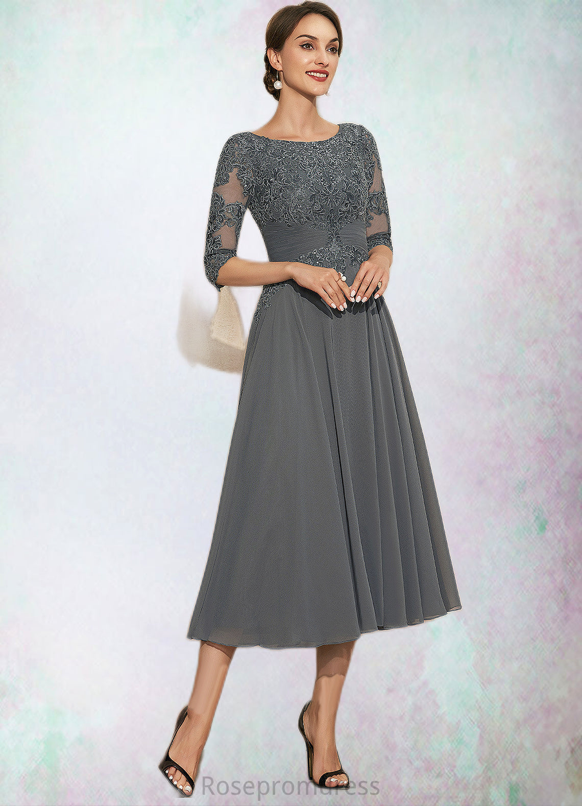 Viola A-Line Scoop Neck Tea-Length Chiffon Lace Mother of the Bride Dress With Sequins SRS126P0014642