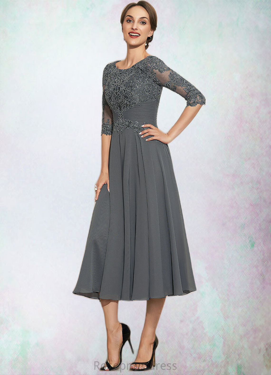 Viola A-Line Scoop Neck Tea-Length Chiffon Lace Mother of the Bride Dress With Sequins SRS126P0014642
