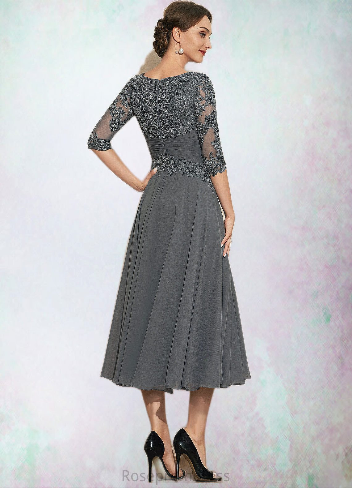 Viola A-Line Scoop Neck Tea-Length Chiffon Lace Mother of the Bride Dress With Sequins SRS126P0014642