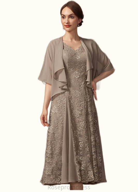 Kaydence A-line V-Neck Tea-Length Chiffon Lace Mother of the Bride Dress SRS126P0014644