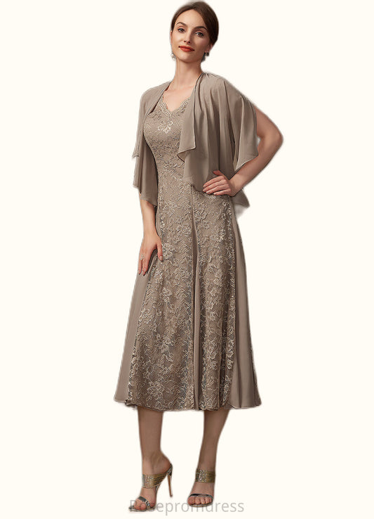 Kaydence A-line V-Neck Tea-Length Chiffon Lace Mother of the Bride Dress SRS126P0014644