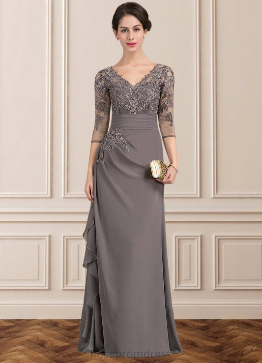 Maribel A-line V-Neck Floor-Length Chiffon Lace Mother of the Bride Dress With Cascading Ruffles SRS126P0014645