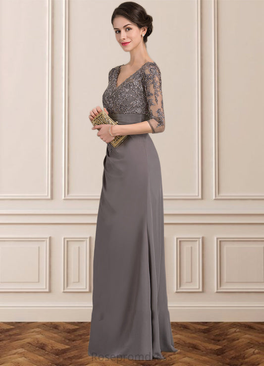Maribel A-line V-Neck Floor-Length Chiffon Lace Mother of the Bride Dress With Cascading Ruffles SRS126P0014645