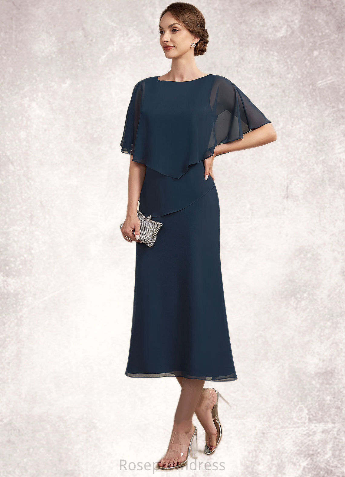 Audrina Sheath/Column Scoop Neck Tea-Length Chiffon Mother of the Bride Dress SRS126P0014646