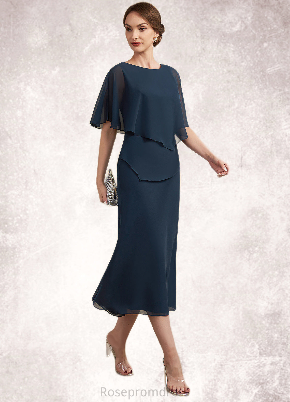 Audrina Sheath/Column Scoop Neck Tea-Length Chiffon Mother of the Bride Dress SRS126P0014646