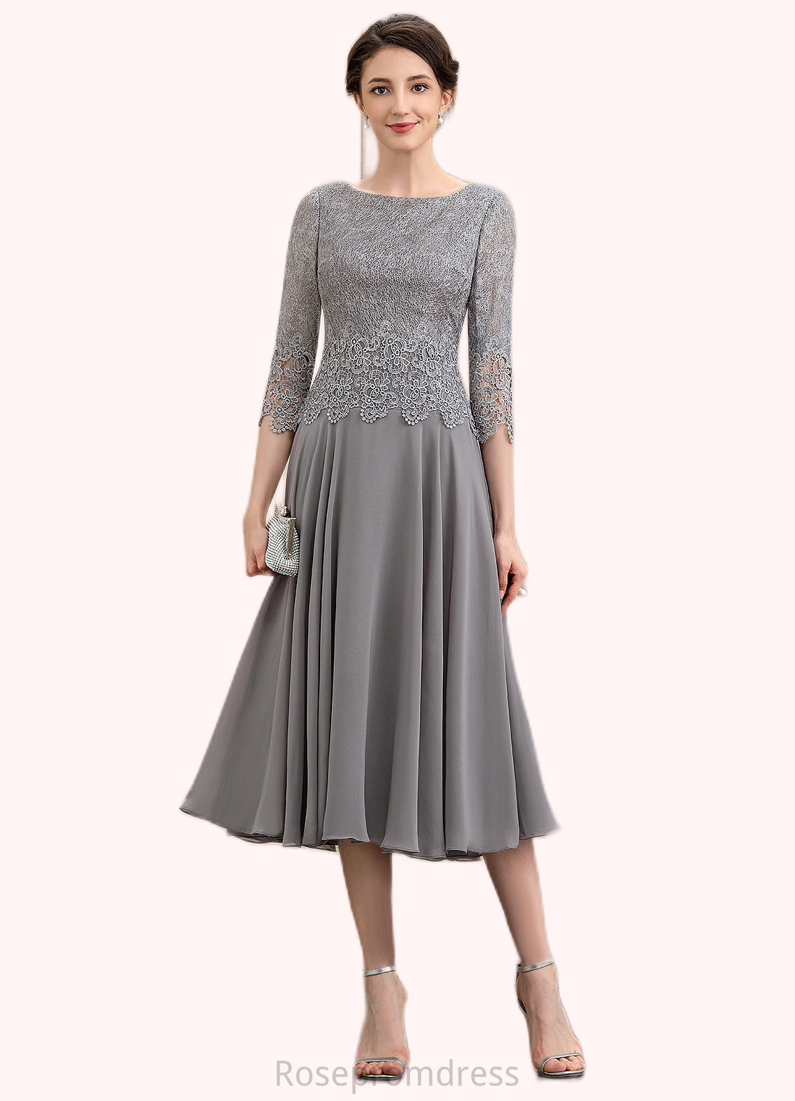 Clara A-Line Scoop Neck Tea-Length Chiffon Lace Mother of the Bride Dress SRS126P0014648