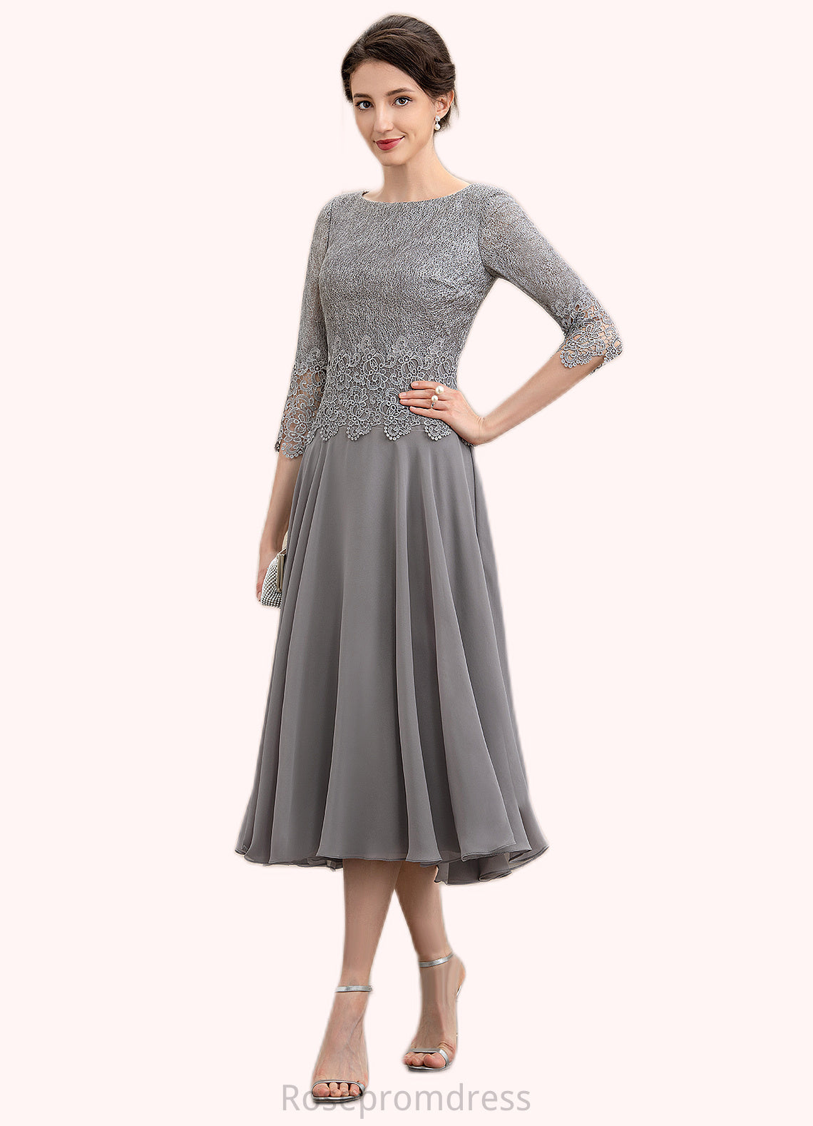 Clara A-Line Scoop Neck Tea-Length Chiffon Lace Mother of the Bride Dress SRS126P0014648