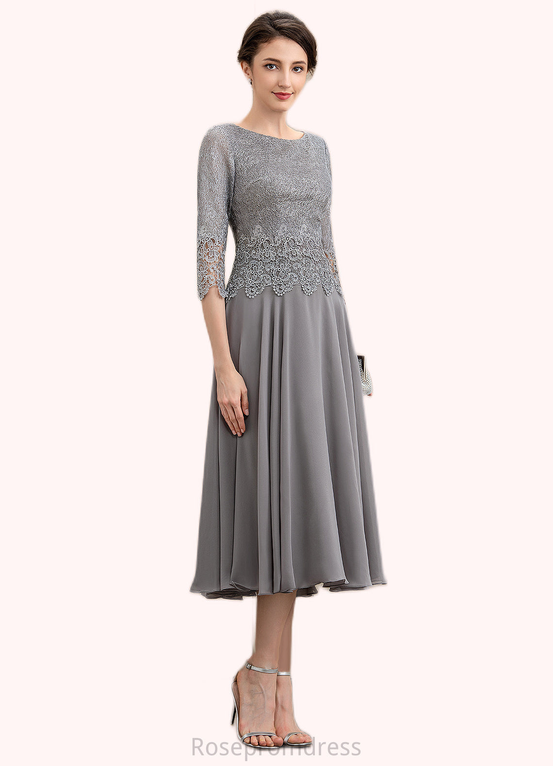 Clara A-Line Scoop Neck Tea-Length Chiffon Lace Mother of the Bride Dress SRS126P0014648