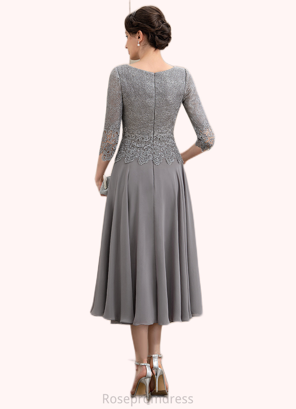 Clara A-Line Scoop Neck Tea-Length Chiffon Lace Mother of the Bride Dress SRS126P0014648