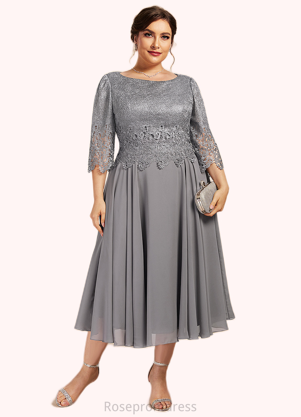 Clara A-Line Scoop Neck Tea-Length Chiffon Lace Mother of the Bride Dress SRS126P0014648