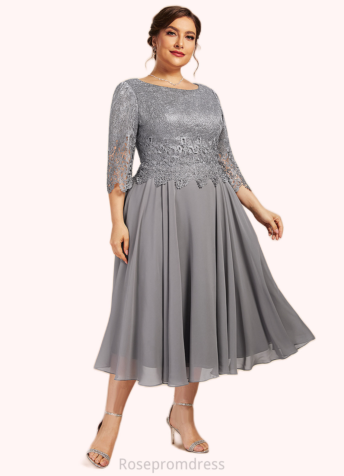 Clara A-Line Scoop Neck Tea-Length Chiffon Lace Mother of the Bride Dress SRS126P0014648