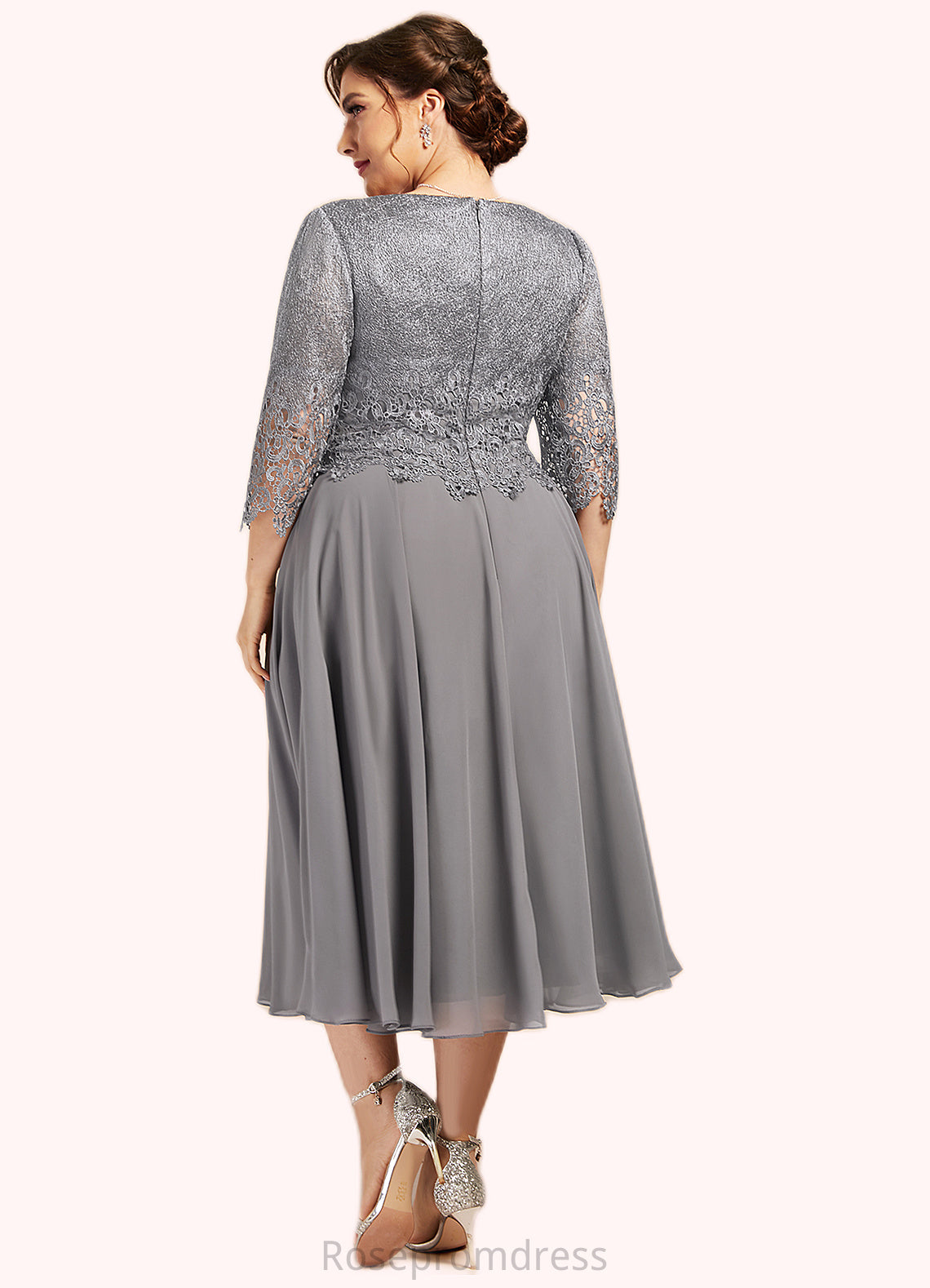 Clara A-Line Scoop Neck Tea-Length Chiffon Lace Mother of the Bride Dress SRS126P0014648