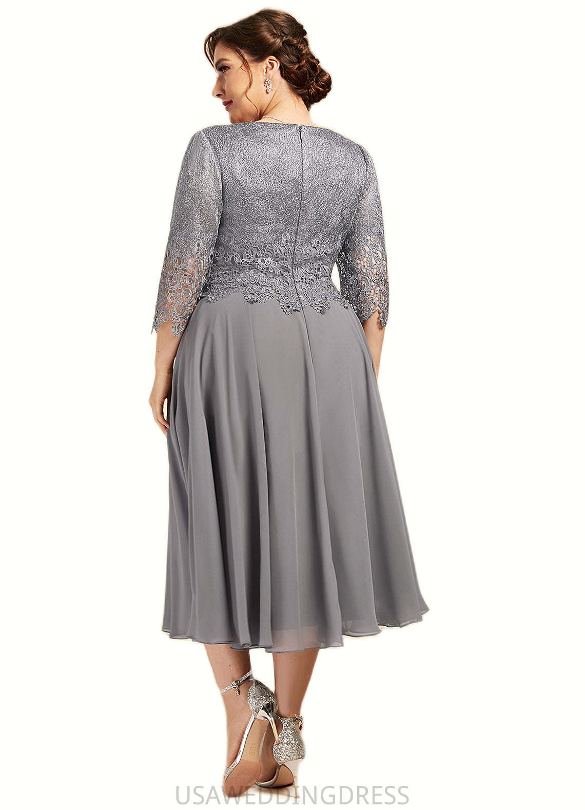 Riley A-Line Scoop Neck Tea-Length Chiffon Lace Mother of the Bride Dress DS126P0014648