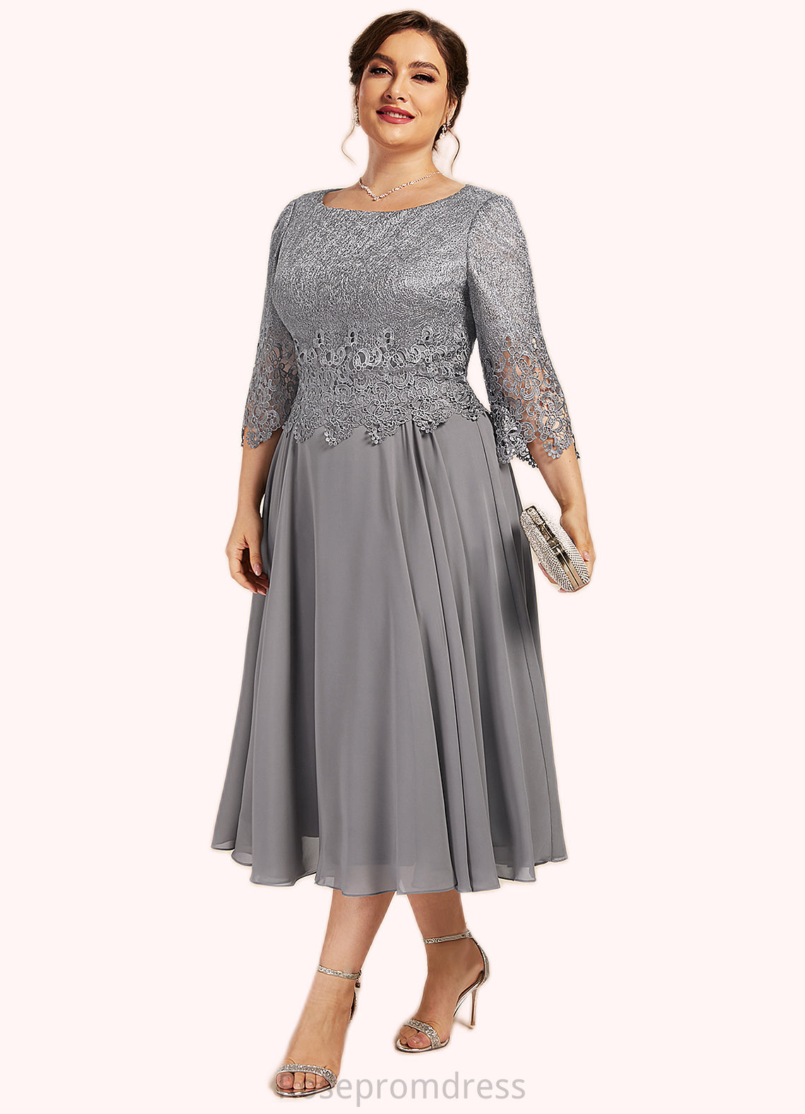 Clara A-Line Scoop Neck Tea-Length Chiffon Lace Mother of the Bride Dress SRS126P0014648
