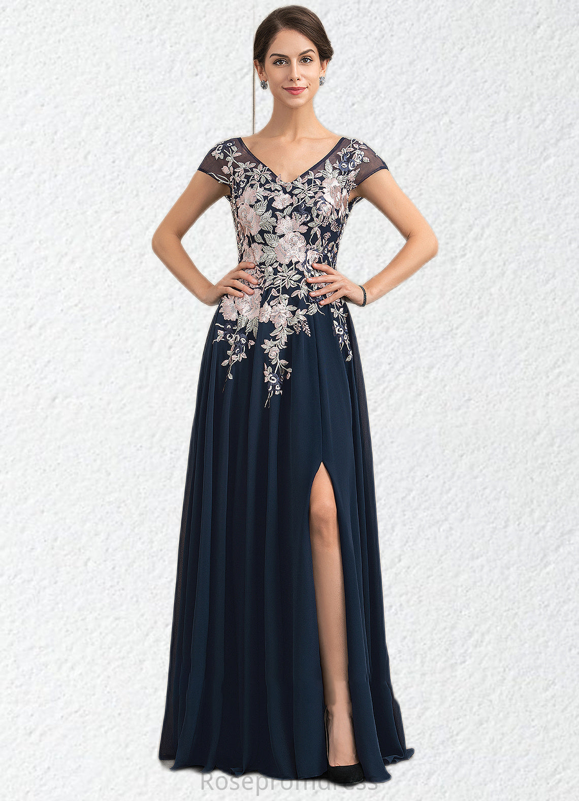 Anastasia A-Line V-neck Floor-Length Chiffon Lace Mother of the Bride Dress With Split Front SRS126P0014649