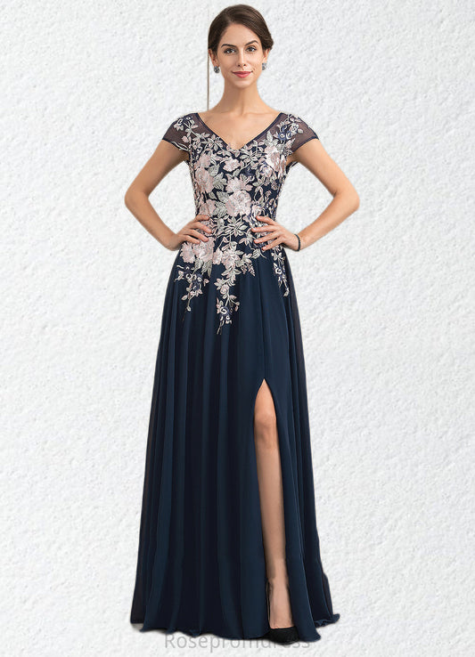 Anastasia A-Line V-neck Floor-Length Chiffon Lace Mother of the Bride Dress With Split Front SRS126P0014649
