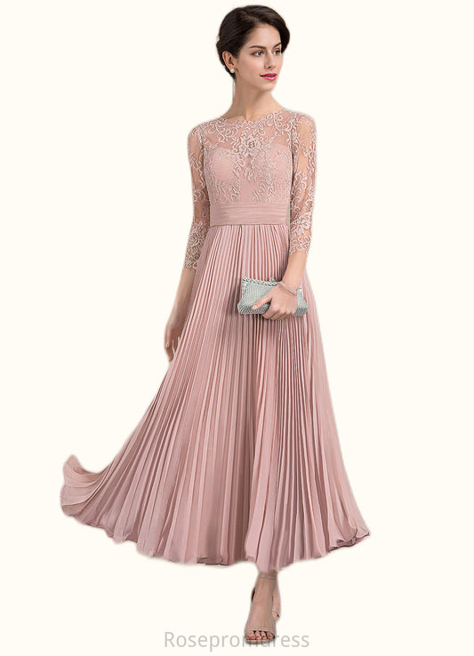 Emery A-Line Scoop Neck Ankle-Length Chiffon Lace Mother of the Bride Dress With Pleated SRS126P0014651