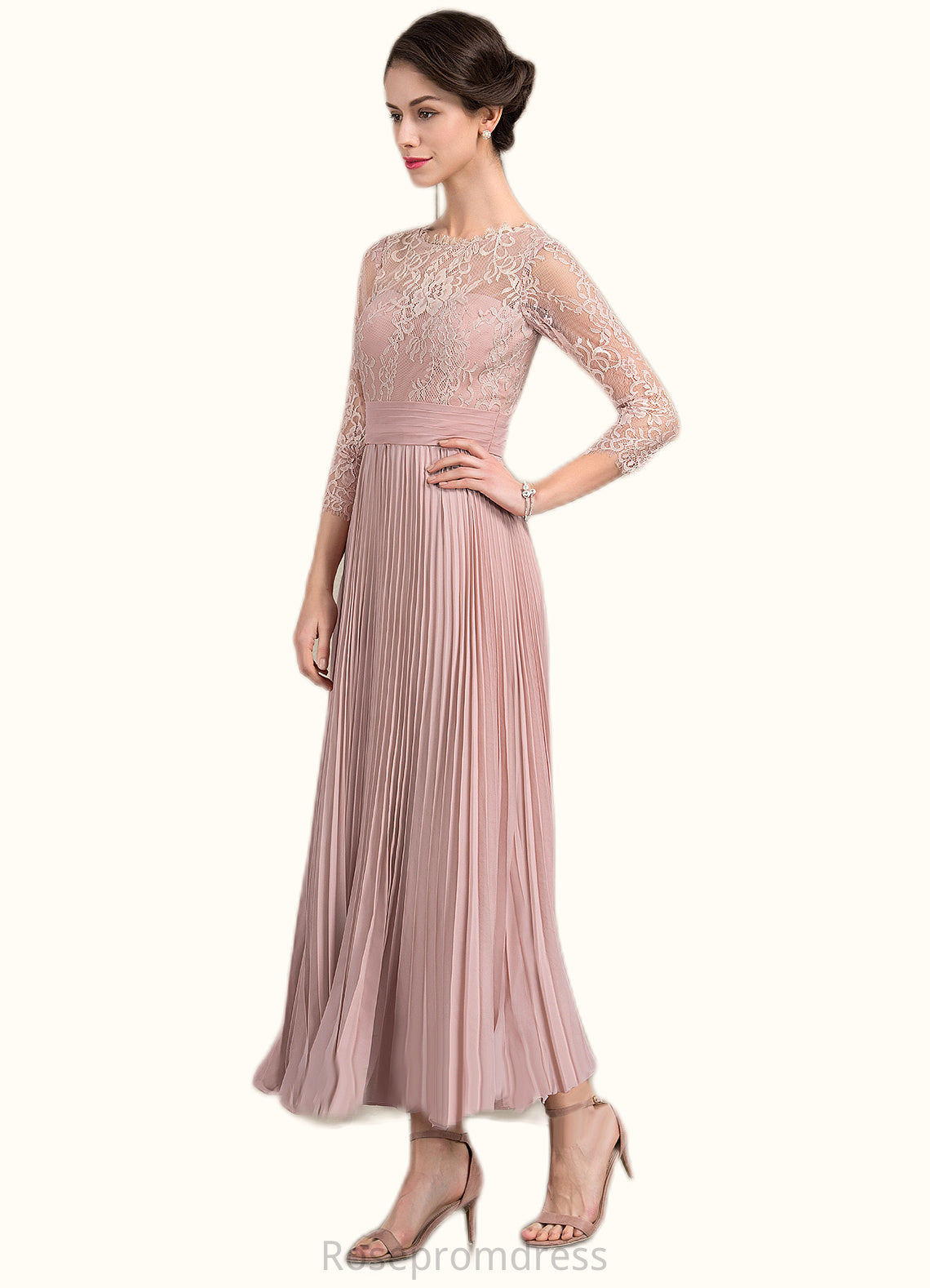 Emery A-Line Scoop Neck Ankle-Length Chiffon Lace Mother of the Bride Dress With Pleated SRS126P0014651