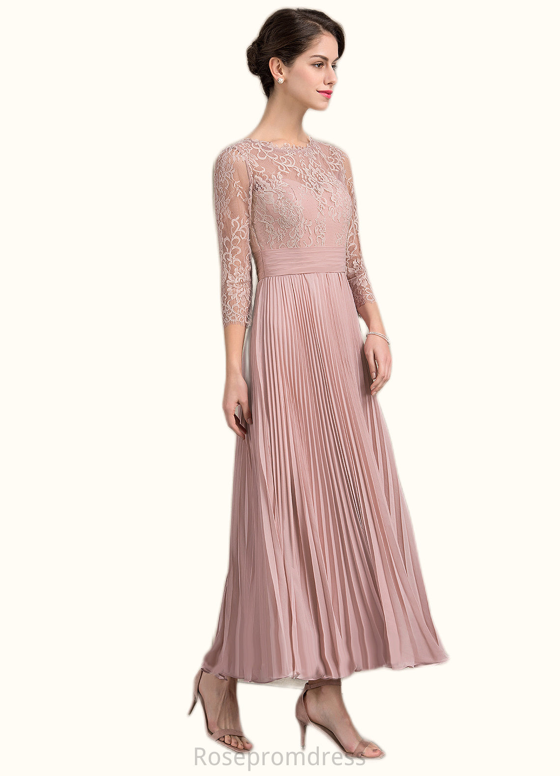 Emery A-Line Scoop Neck Ankle-Length Chiffon Lace Mother of the Bride Dress With Pleated SRS126P0014651