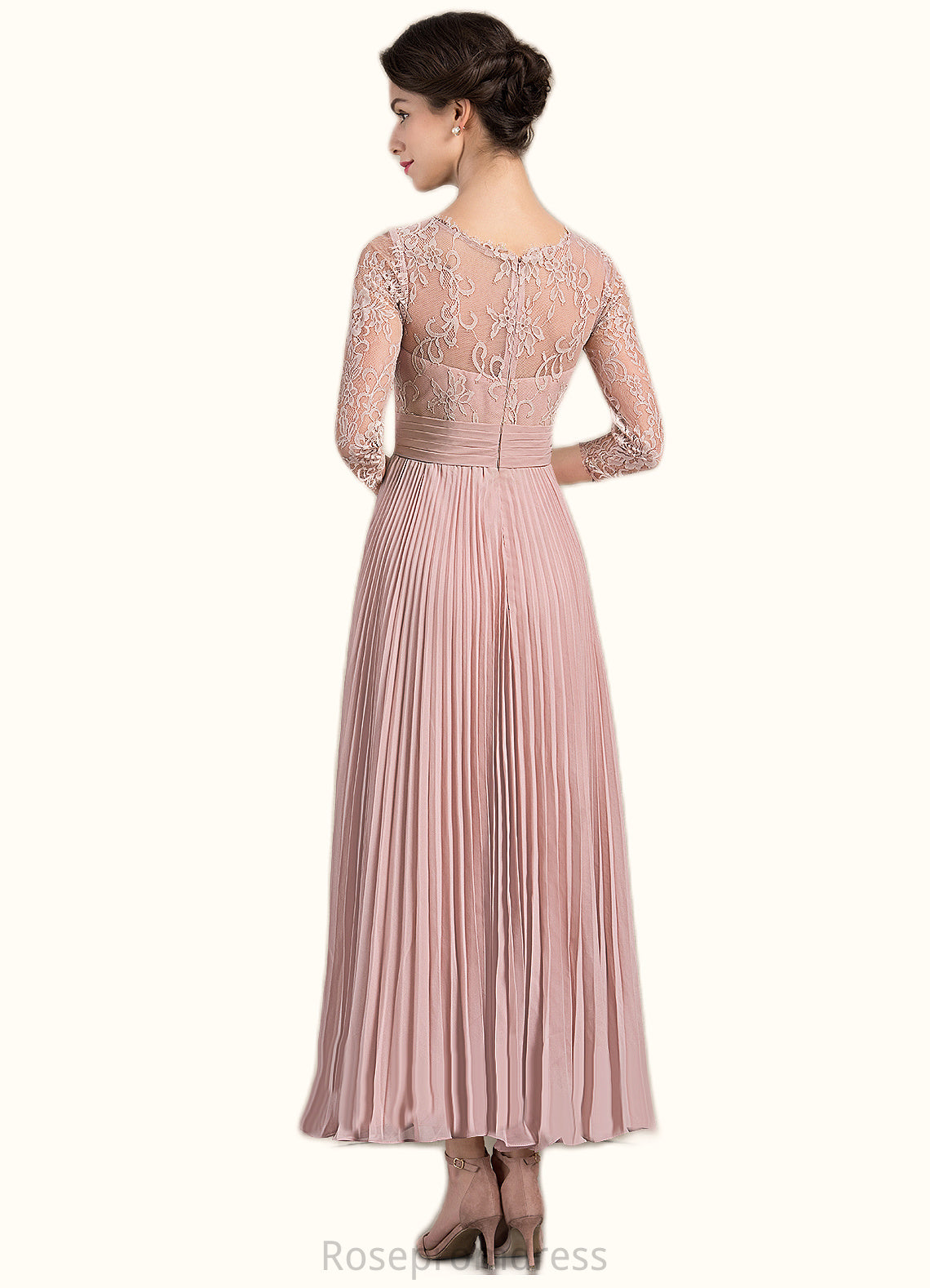 Emery A-Line Scoop Neck Ankle-Length Chiffon Lace Mother of the Bride Dress With Pleated SRS126P0014651