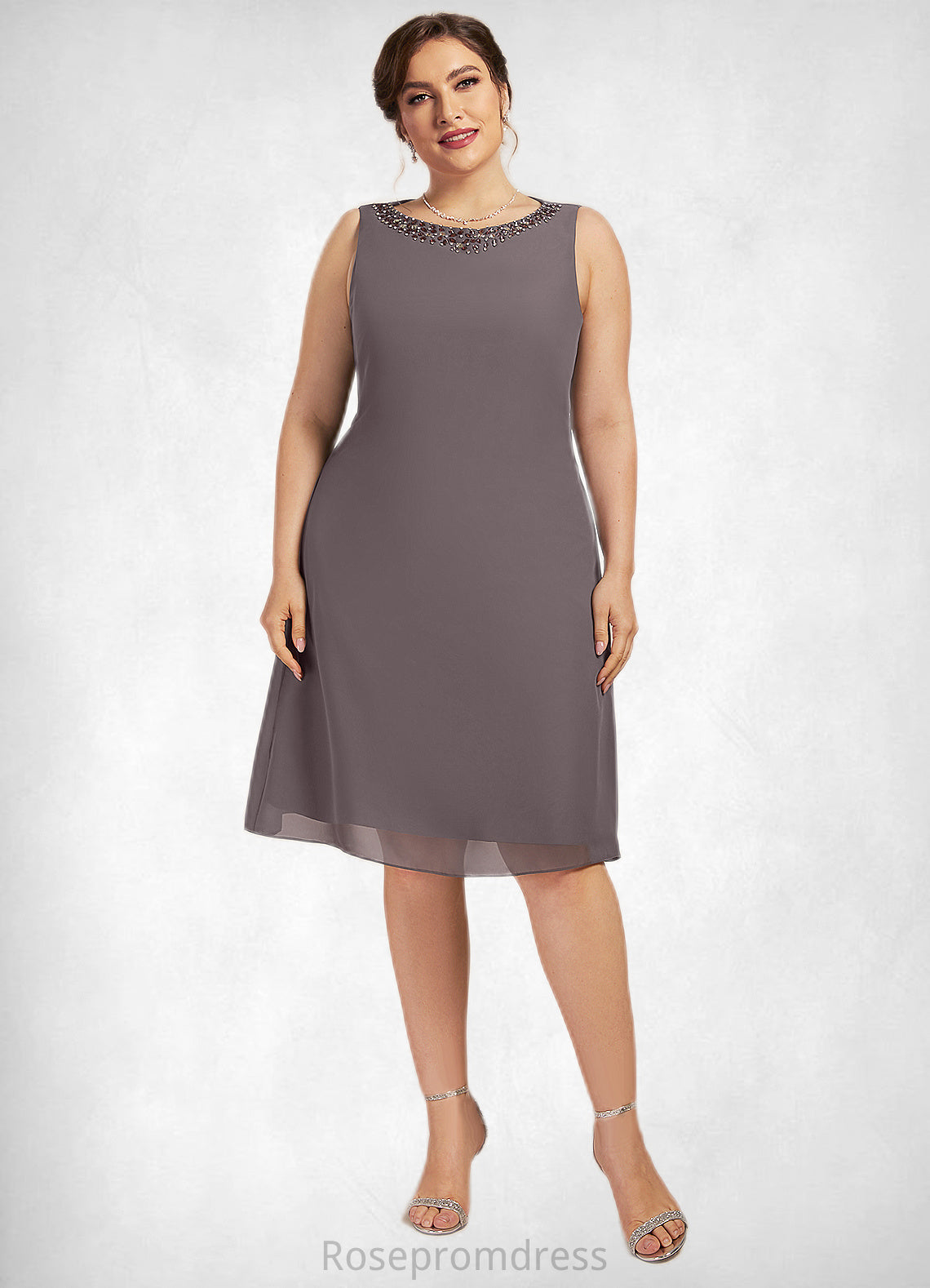 Lydia A-Line Scoop Neck Knee-Length Chiffon Mother of the Bride Dress With Beading SRS126P0014654